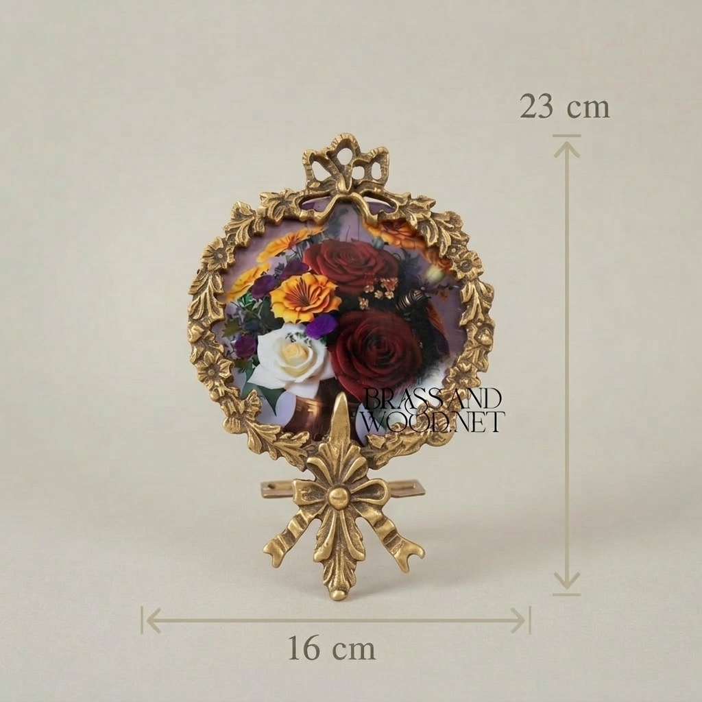 Rococo Brass Oval Photo Frame with Acanthus Wreath & Ribbon Crown on Easel Stand — Antique Gold