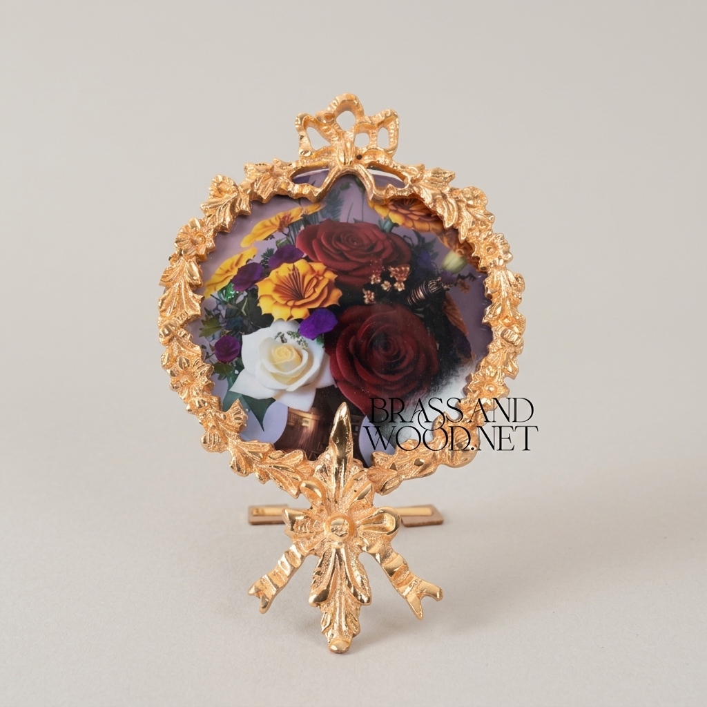 Rococo Brass Oval Photo Frame with Acanthus Wreath & Ribbon Crown on Easel Stand