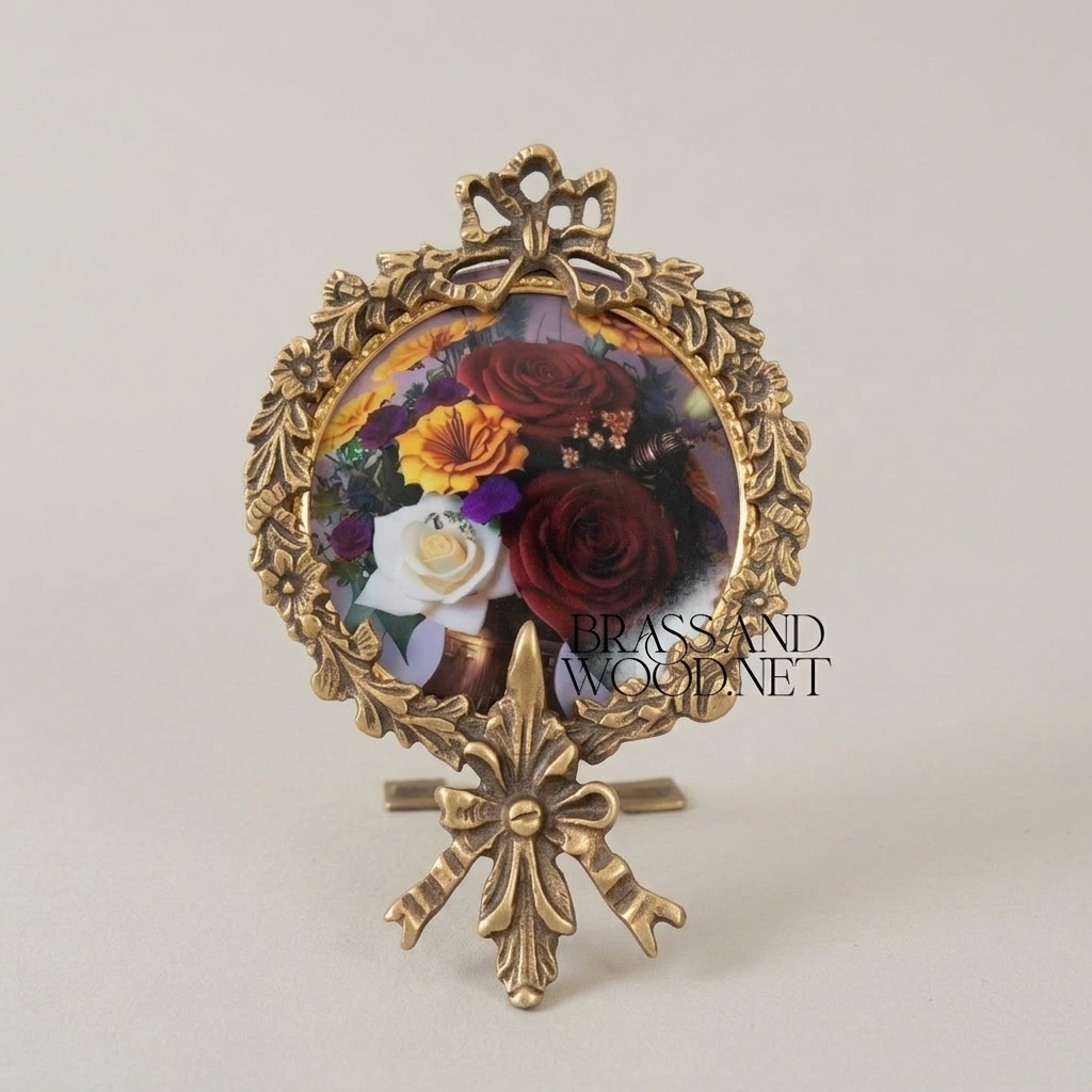 Rococo Brass Oval Photo Frame with Acanthus Wreath & Ribbon Crown on Easel Stand — Antique Gold