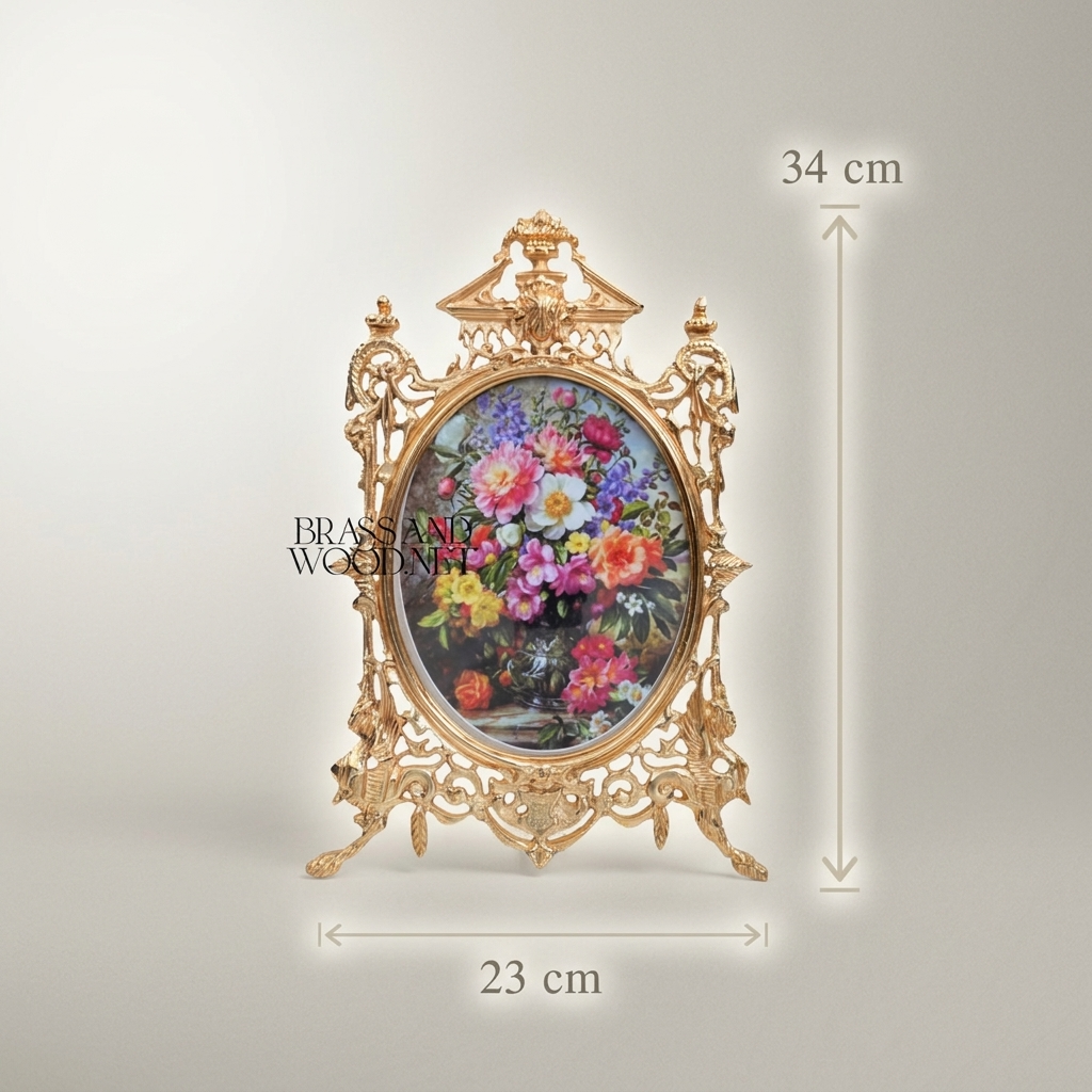 Rococo Brass Oval Picture Frame with Pierced Scrollwork & Pediment Crest