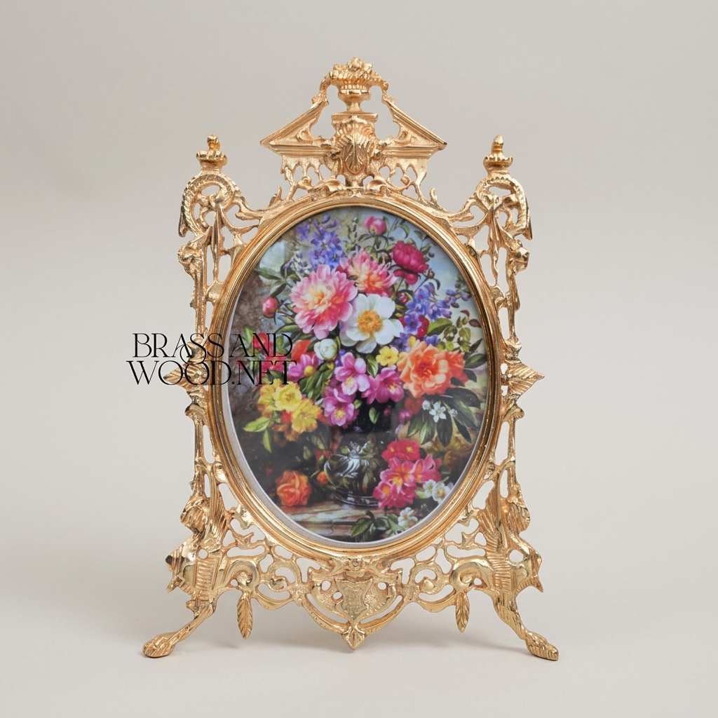 Rococo Brass Oval Picture Frame with Pierced Scrollwork & Pediment Crest — Gold