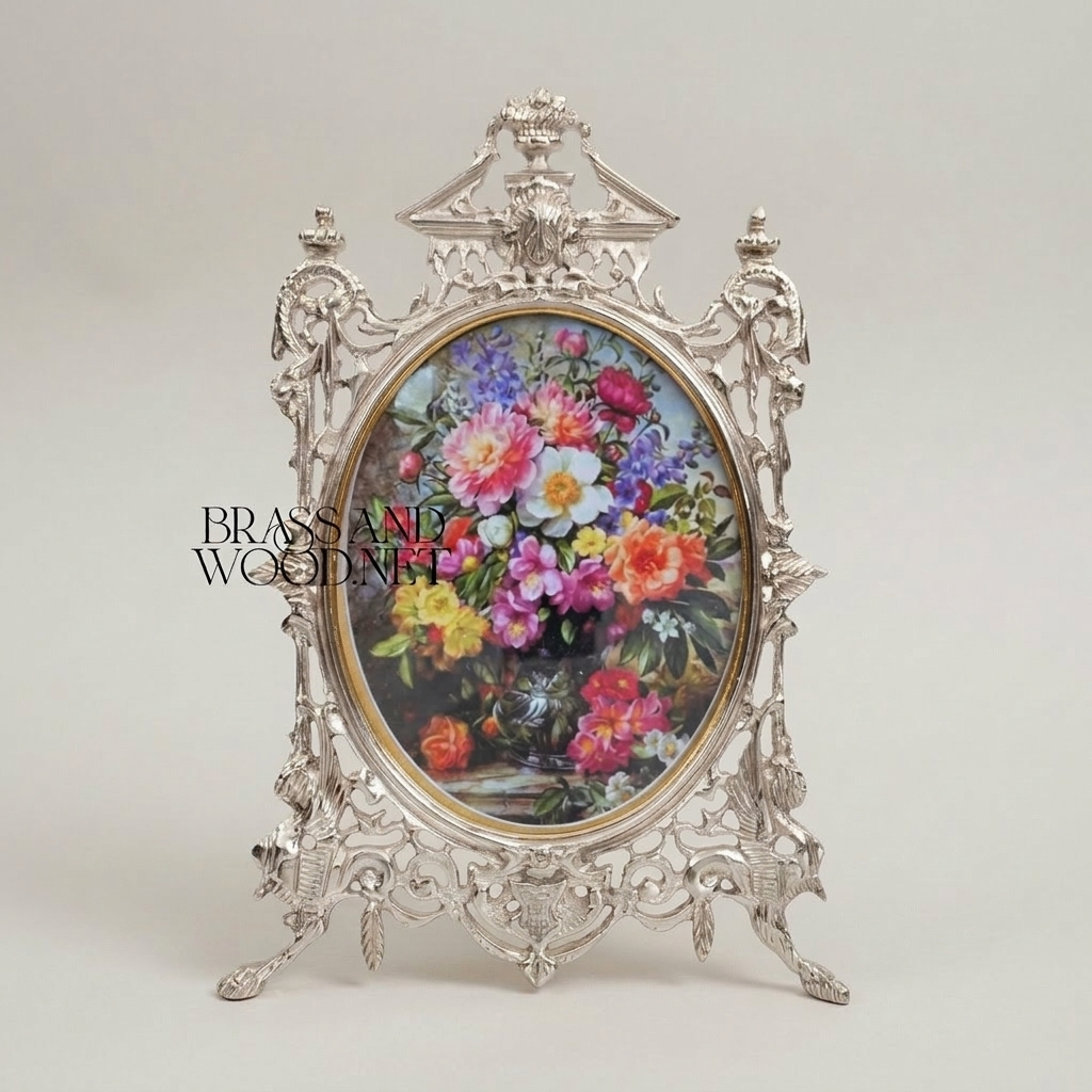Rococo Brass Oval Picture Frame with Pierced Scrollwork & Pediment Crest — Silver