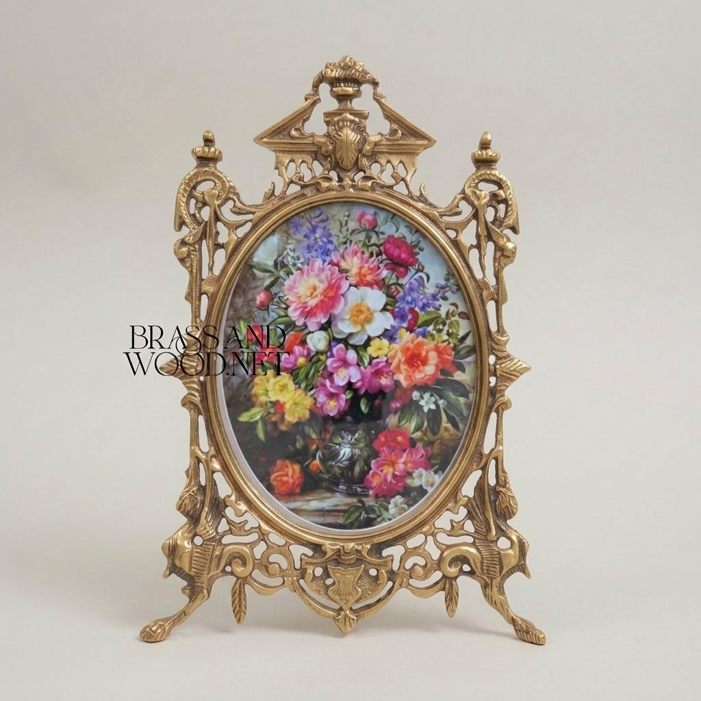 Rococo Brass Oval Picture Frame with Pierced Scrollwork & Pediment Crest — Antique Gold