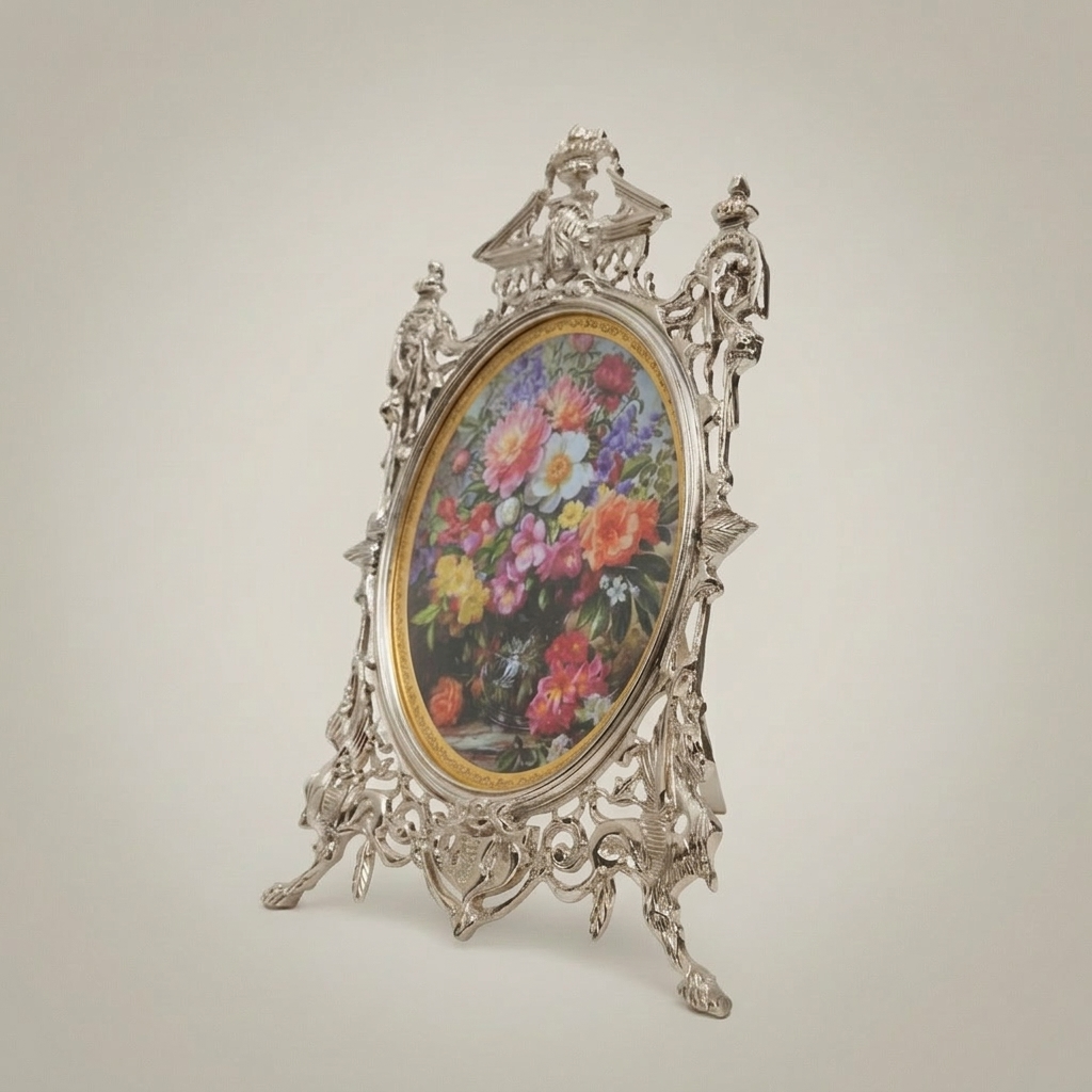 Rococo Brass Oval Picture Frame with Pierced Scrollwork & Pediment Crest — Silver