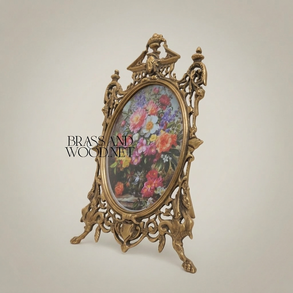 Rococo Brass Oval Picture Frame with Pierced Scrollwork & Pediment Crest — Antique Gold
