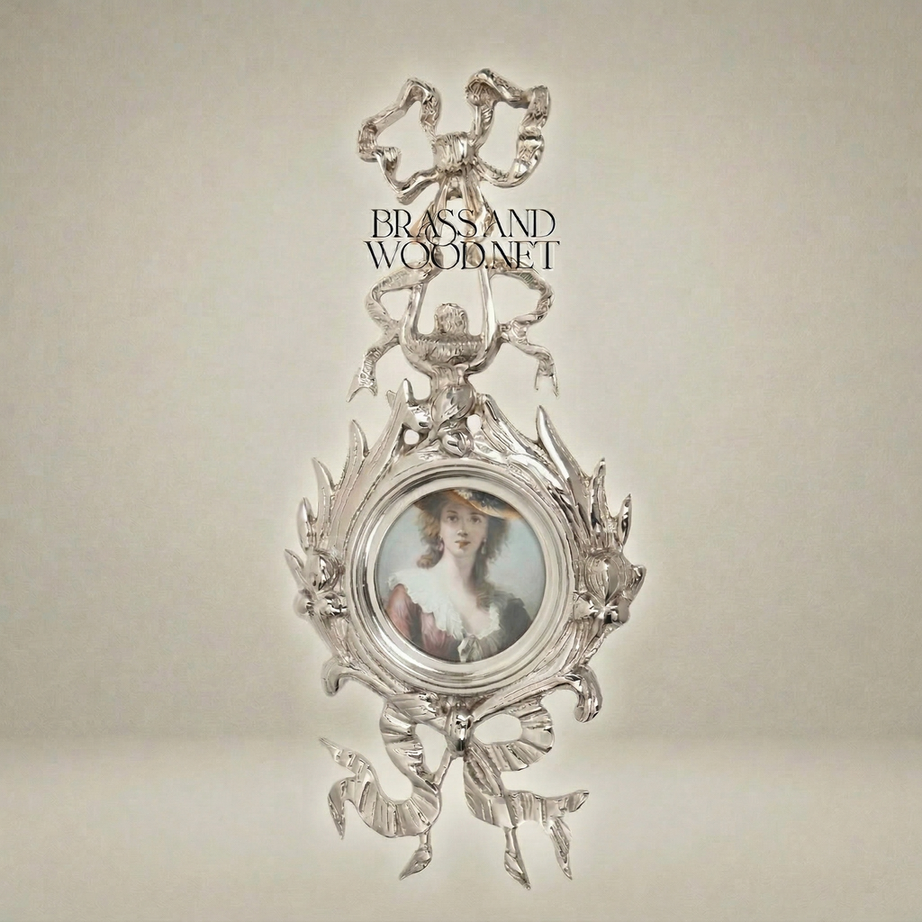 Rococo Brass Oval Picture Frame with Ribbon Bow & Acanthus Surround — Silver