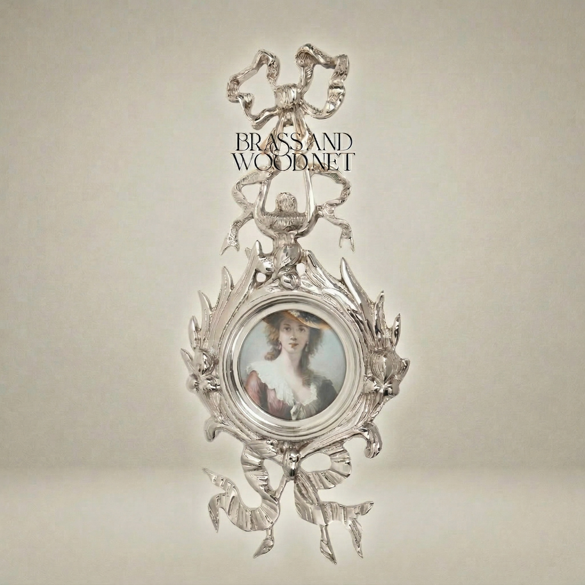 Rococo Brass Oval Picture Frame with Ribbon Bow & Acanthus Surround — Silver