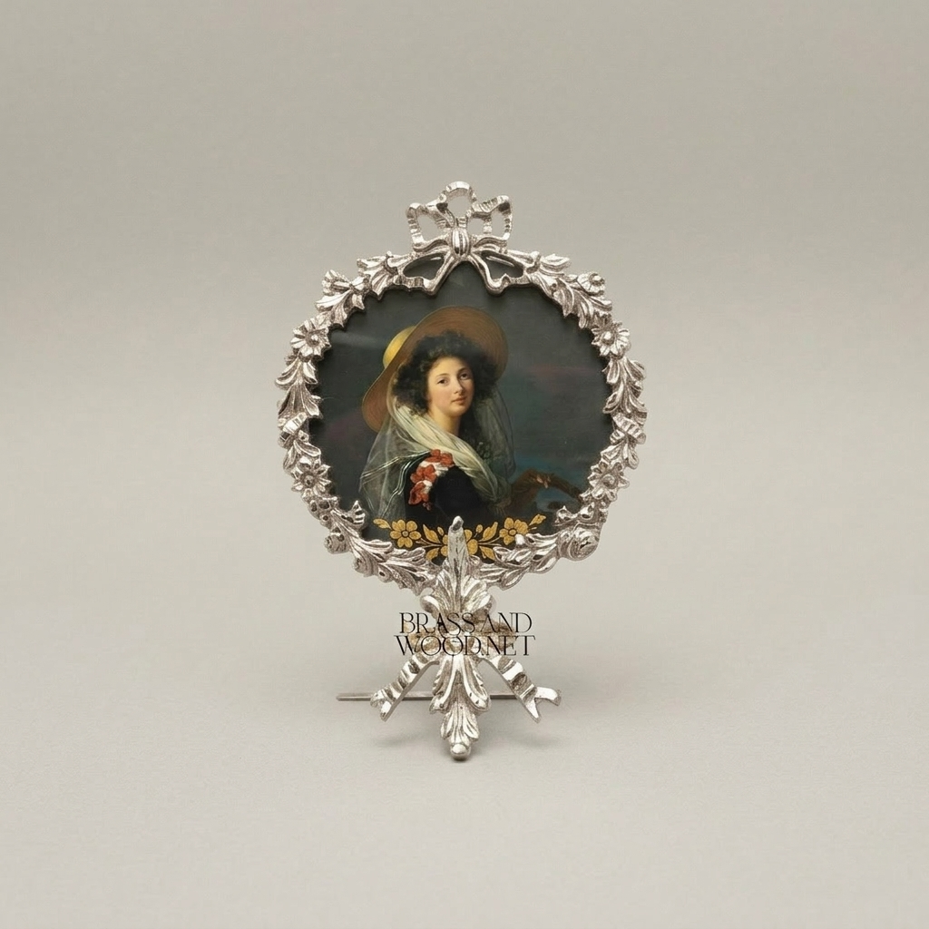 Rococo Brass Oval Portrait Frame with Acanthus Wreath & Ribbon Crown — Silver
