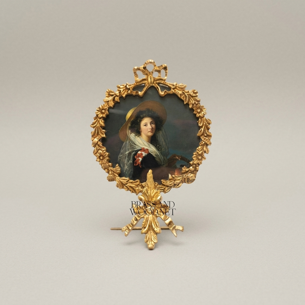 Rococo Brass Oval Portrait Frame with Acanthus Wreath & Ribbon Crown — Antique Gold