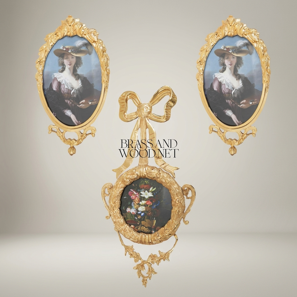 Rococo Brass Oval Portrait Frame Set with Bow Pendant & Floral Round Frame - 3-Piece Wall Collection — Gold