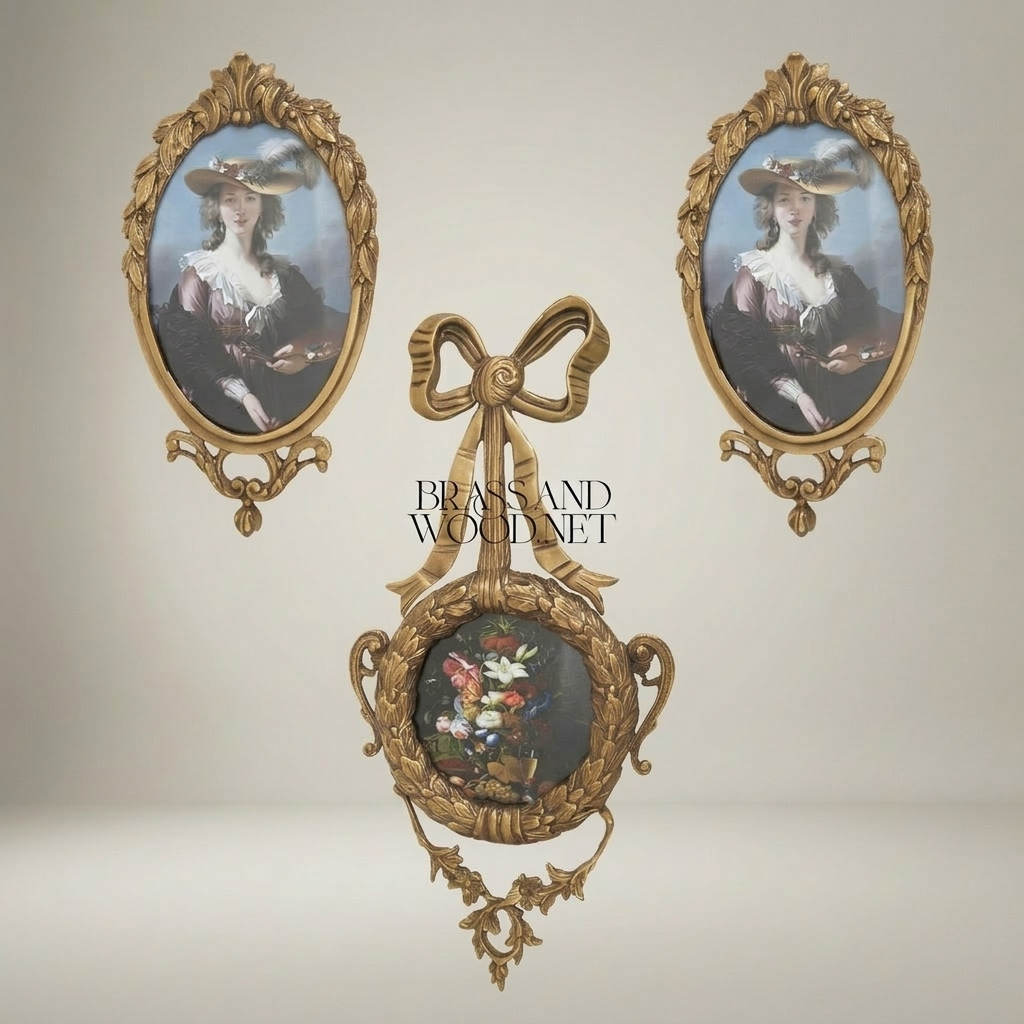 Rococo Brass Oval Portrait Frame Set with Bow Pendant & Floral Round Frame - 3-Piece Wall Collection — Antique Gold