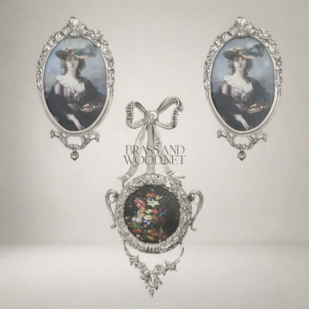 Rococo Brass Oval Portrait Frame Set with Bow Pendant & Floral Round Frame - 3-Piece Wall Collection — Silver