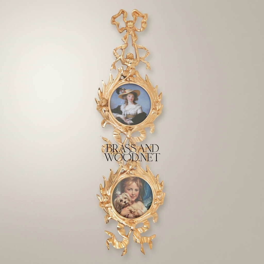 Rococo Brass Oval Portrait Frame Set with Ribbon & Foliate Cascade — Gold