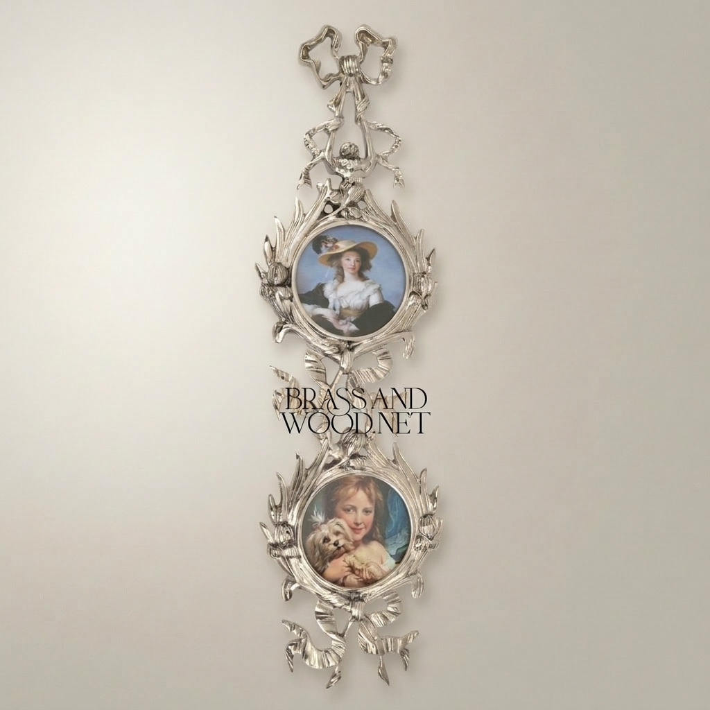 Rococo Brass Oval Portrait Frame Set with Ribbon & Foliate Cascade — Silver