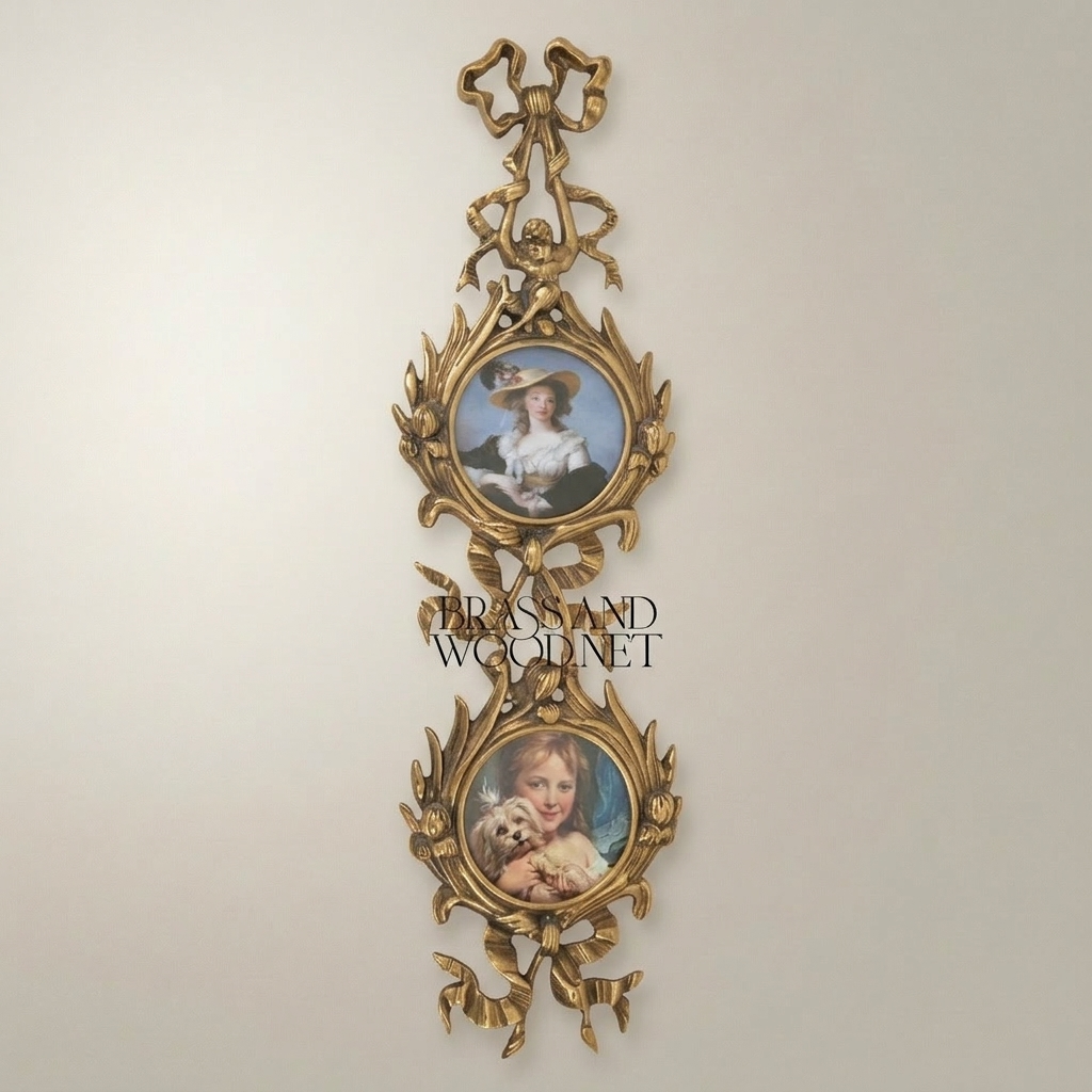 Rococo Brass Oval Portrait Frame Set with Ribbon & Foliate Cascade — Antique Gold