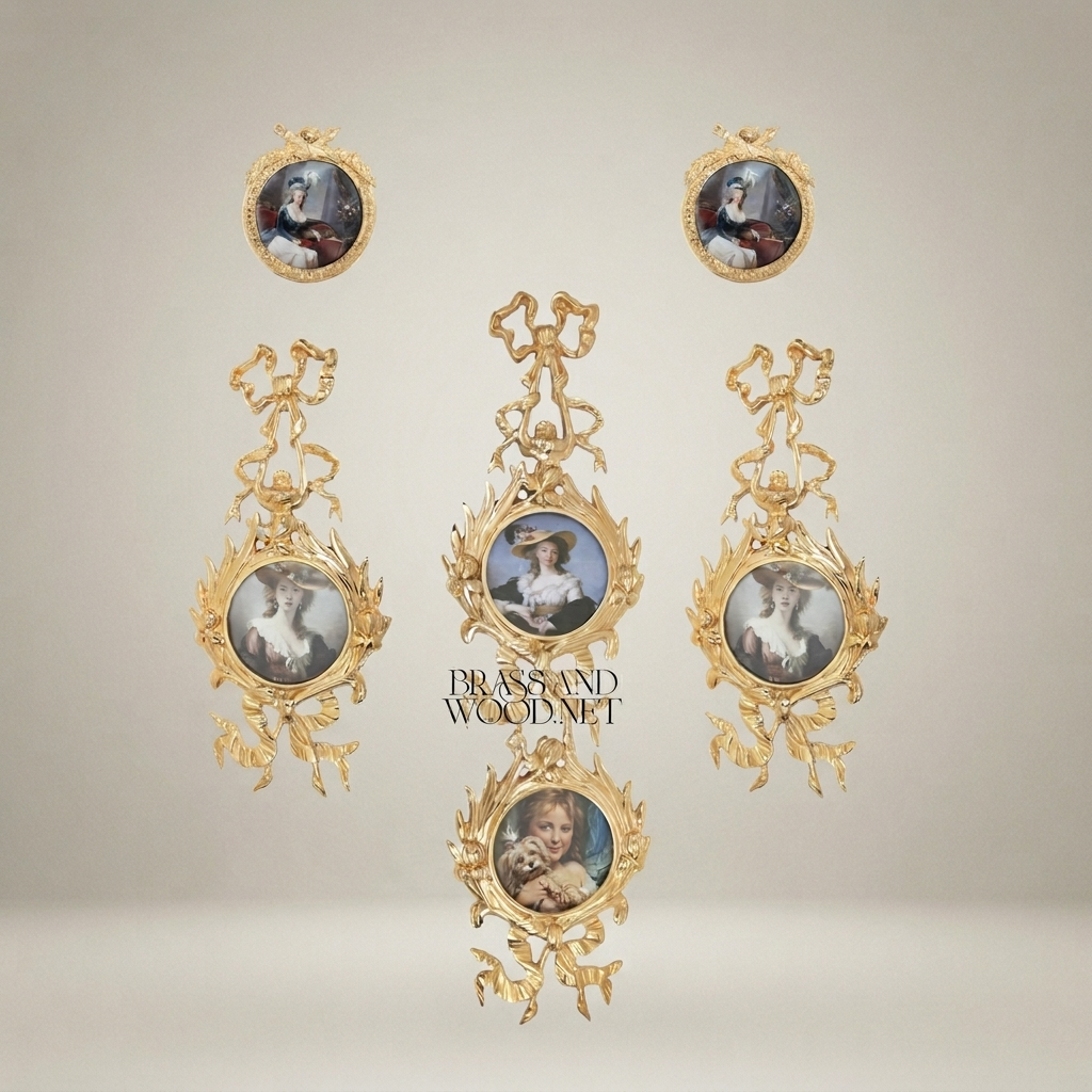 Rococo Brass Oval Portrait Frame Set with Ribbon & Foliate Cascade — Gold