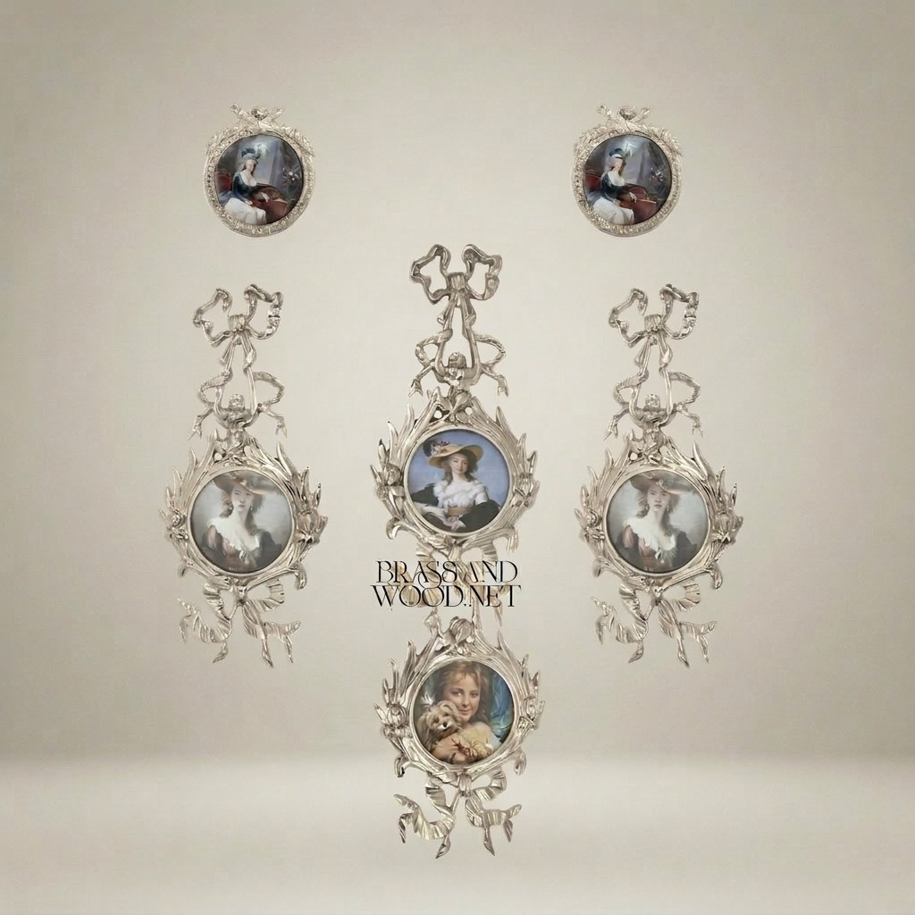 Rococo Brass Oval Portrait Frame Set with Ribbon & Foliate Cascade — Silver