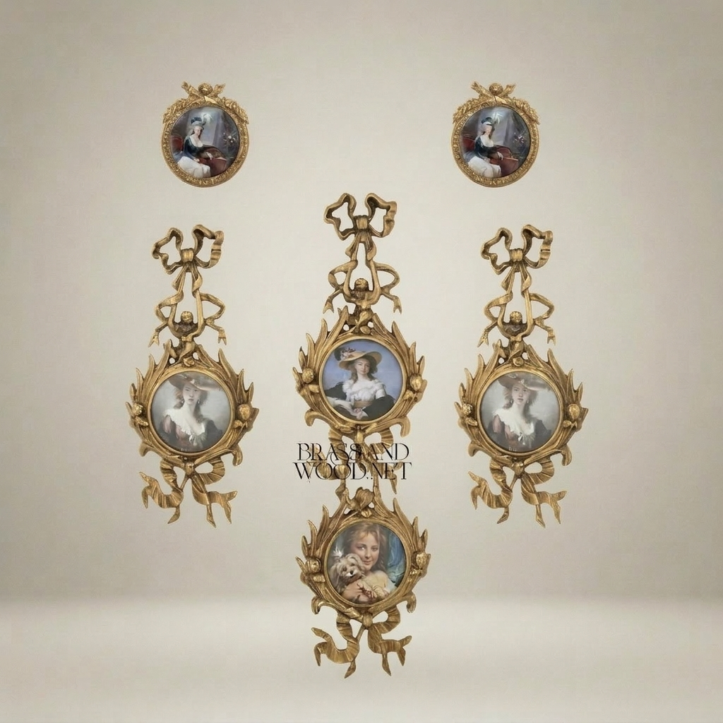 Rococo Brass Oval Portrait Frame Set with Ribbon & Foliate Cascade — Antique Gold