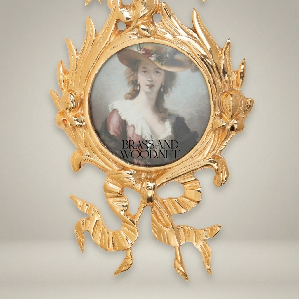 Rococo Brass Oval Portrait Frame Set with Ribbon & Foliate Cascade