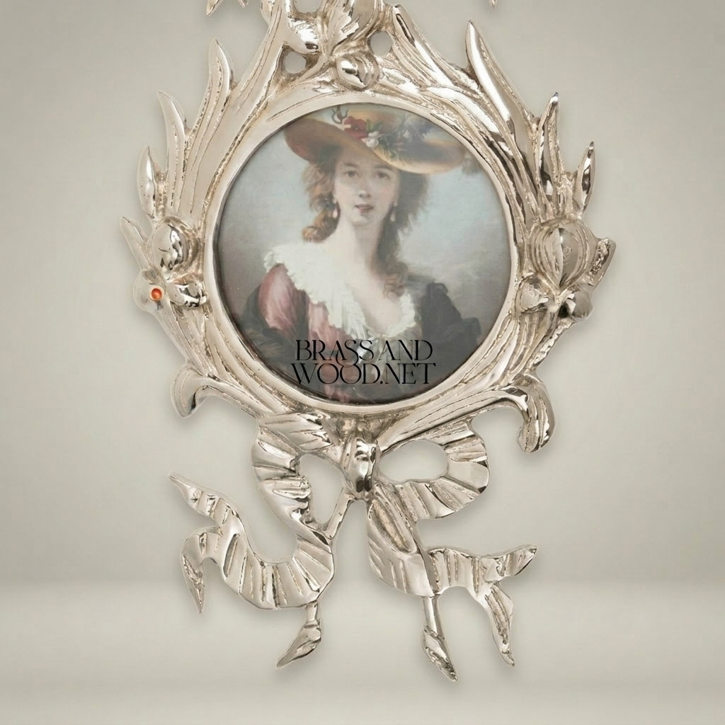 Rococo Brass Oval Portrait Frame Set with Ribbon & Foliate Cascade — Silver