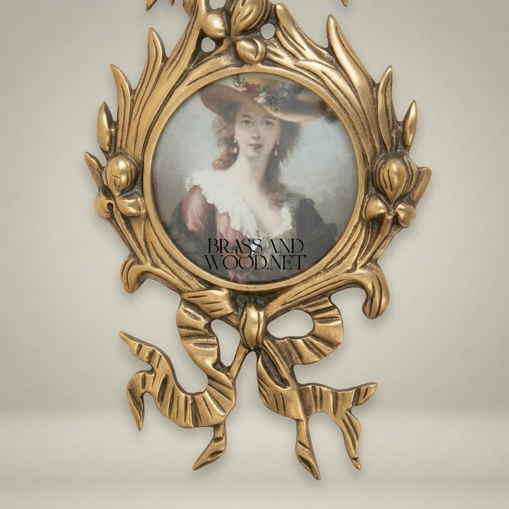 Rococo Brass Oval Portrait Frame Set with Ribbon & Foliate Cascade — Antique Gold