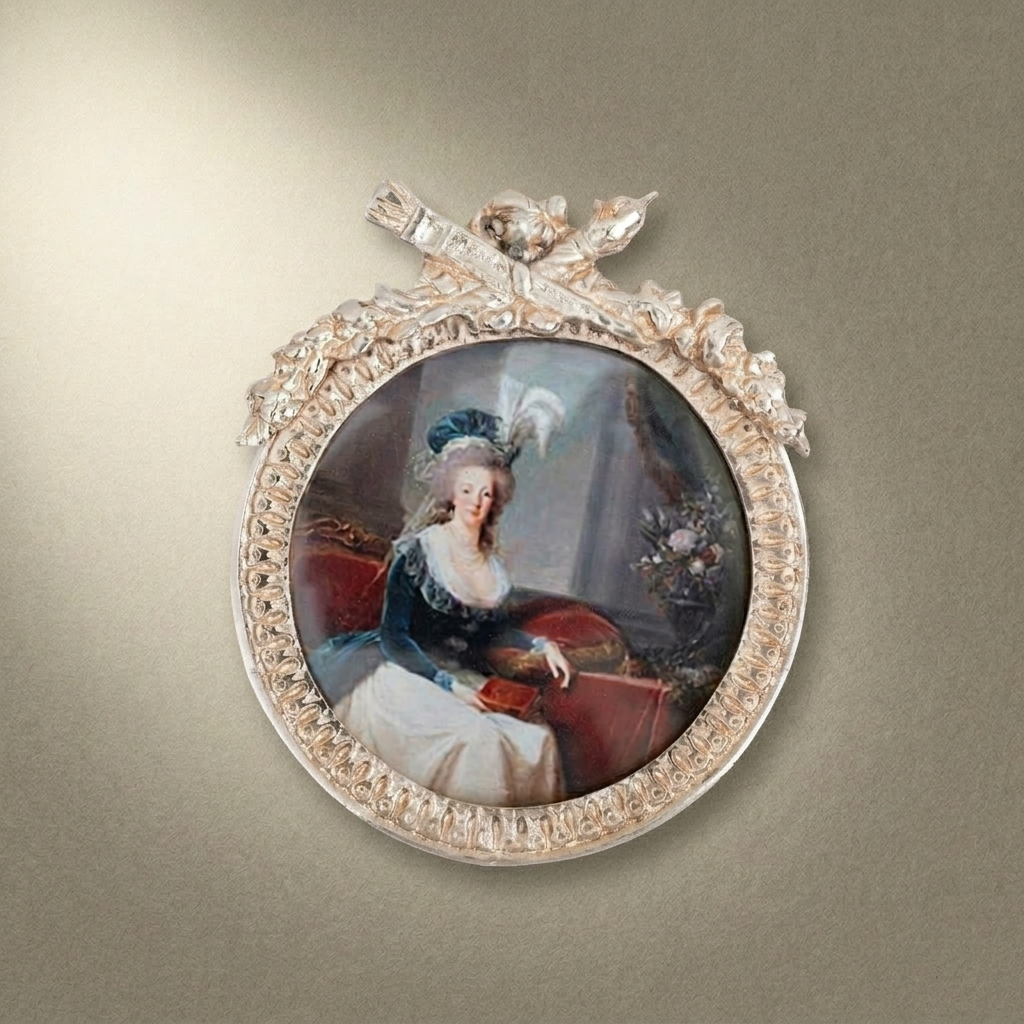 Rococo Brass Oval Portrait Frame Set with Ribbon & Foliate Cascade — Silver