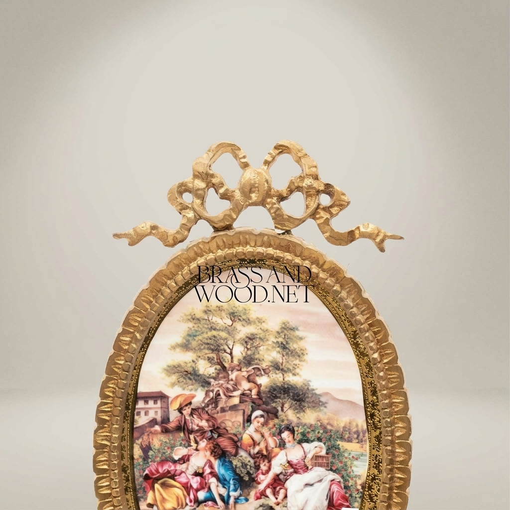 Rococo Brass Oval Stand Frame with Bow Crest & Hand-Painted Pastoral Scene — Gold