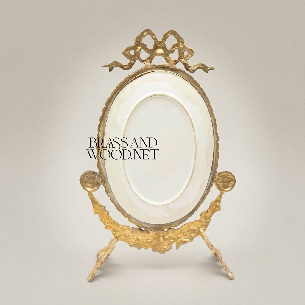 Rococo Brass Oval Stand Frame with Bow Crest & Hand-Painted Pastoral Scene — Gold