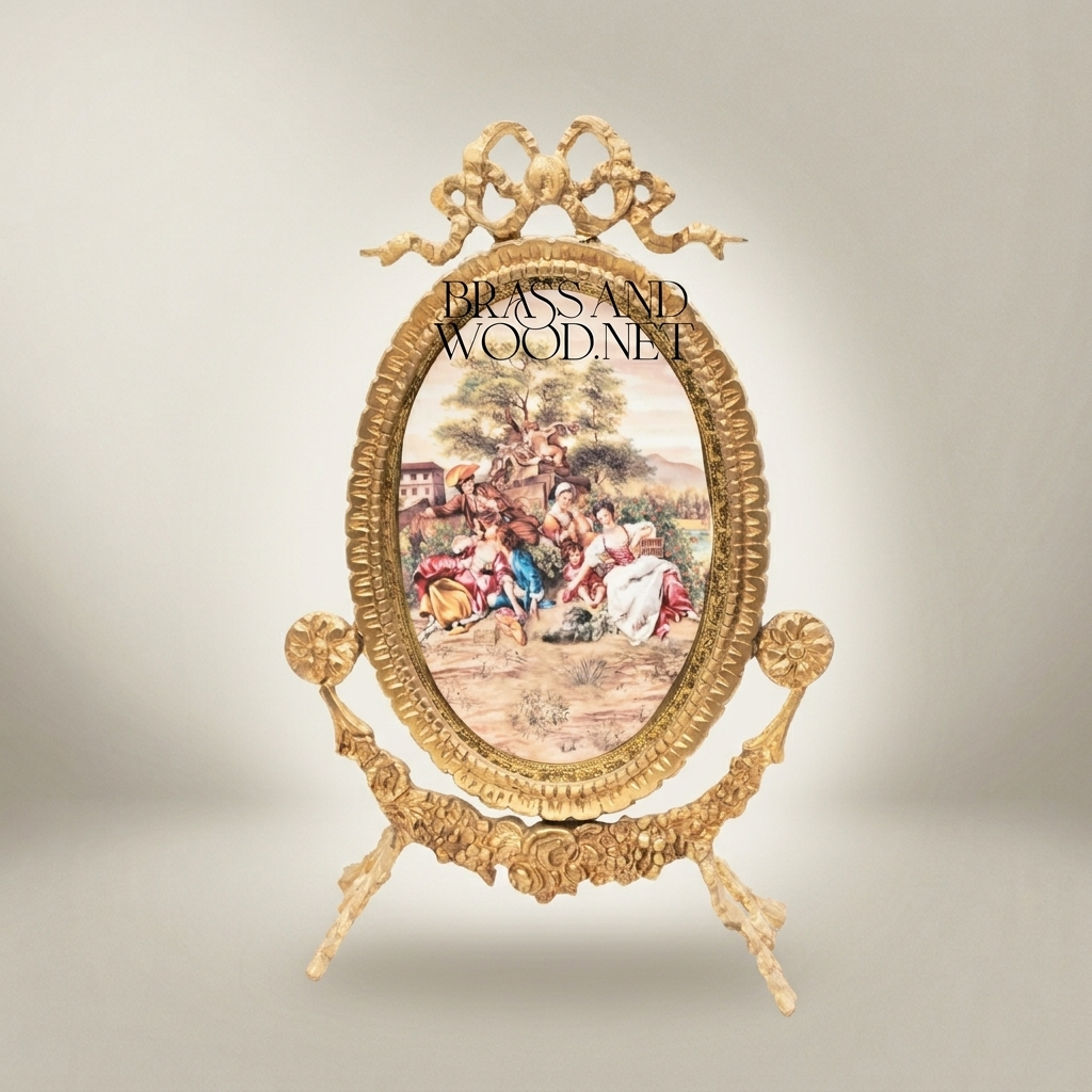 Rococo Brass Oval Stand Frame with Bow Crest & Hand-Painted Pastoral Scene — Gold