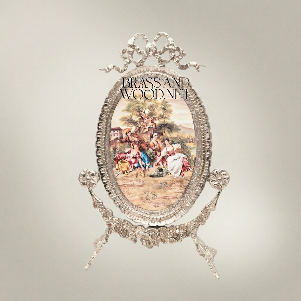 Rococo Brass Oval Stand Frame with Bow Crest & Hand-Painted Pastoral Scene — Silver