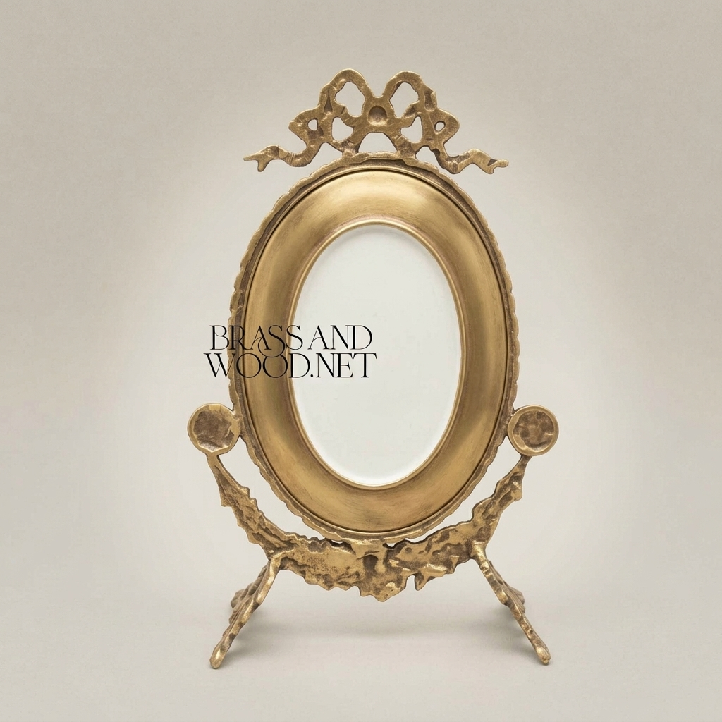 Rococo Brass Oval Stand Frame with Bow Crest & Hand-Painted Pastoral Scene — Antique Gold