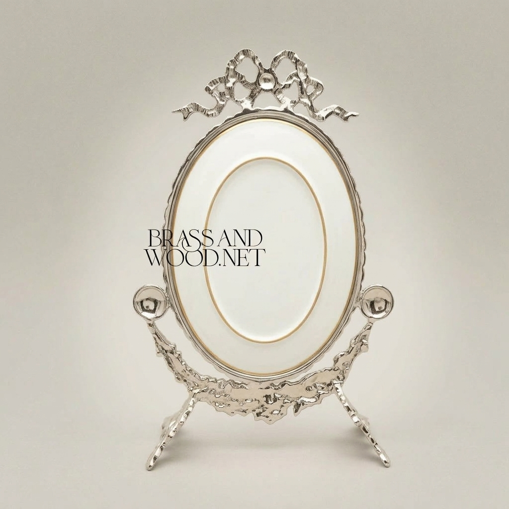 Rococo Brass Oval Stand Frame with Bow Crest & Hand-Painted Pastoral Scene — Silver
