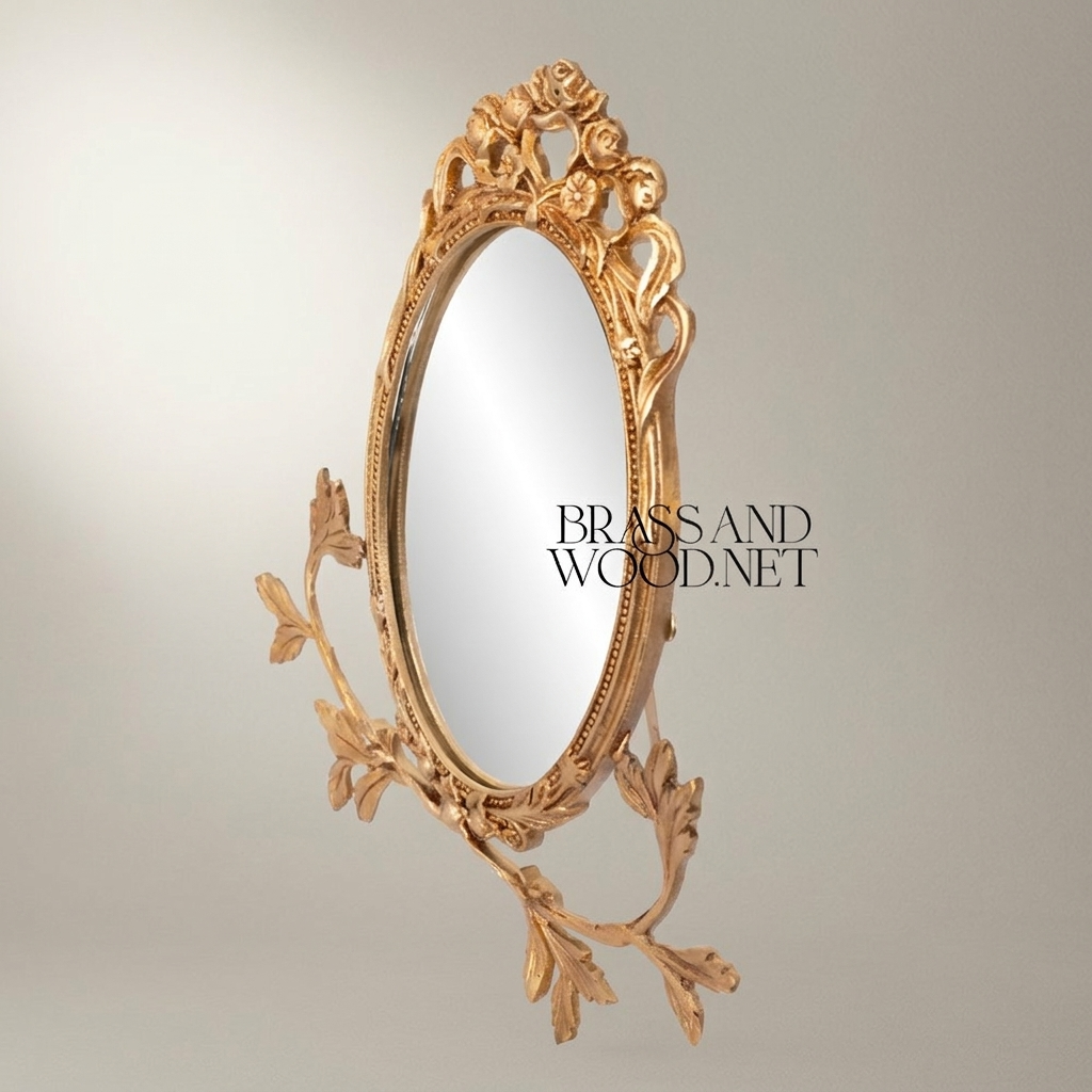 Rococo Brass Oval Vanity Mirror on Acanthus Branch Stand — Antique Gold