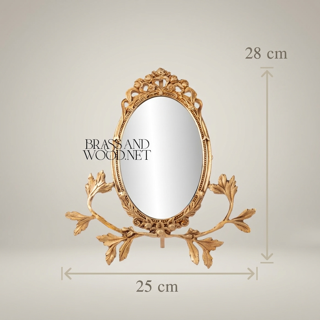 Rococo Brass Oval Vanity Mirror on Acanthus Branch Stand — Antique Gold