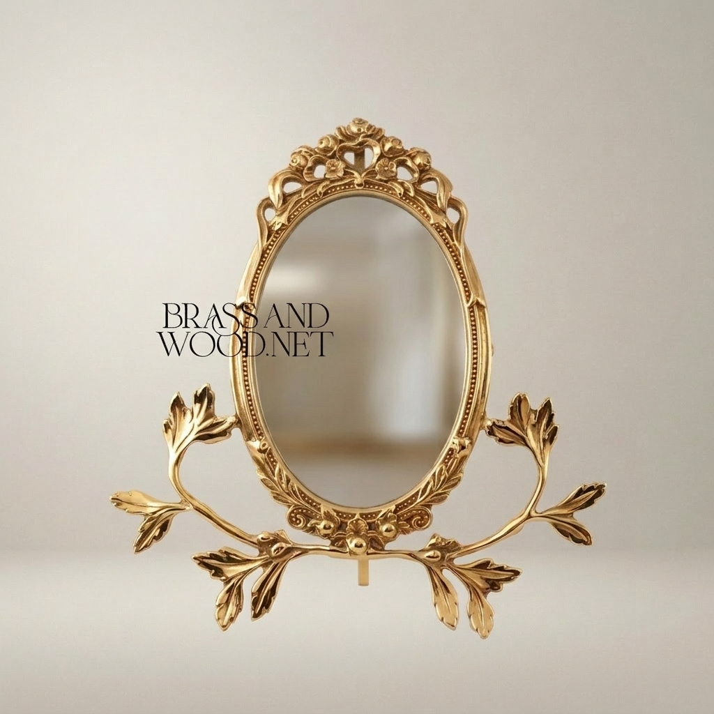 Rococo Brass Oval Vanity Mirror on Acanthus Branch Stand