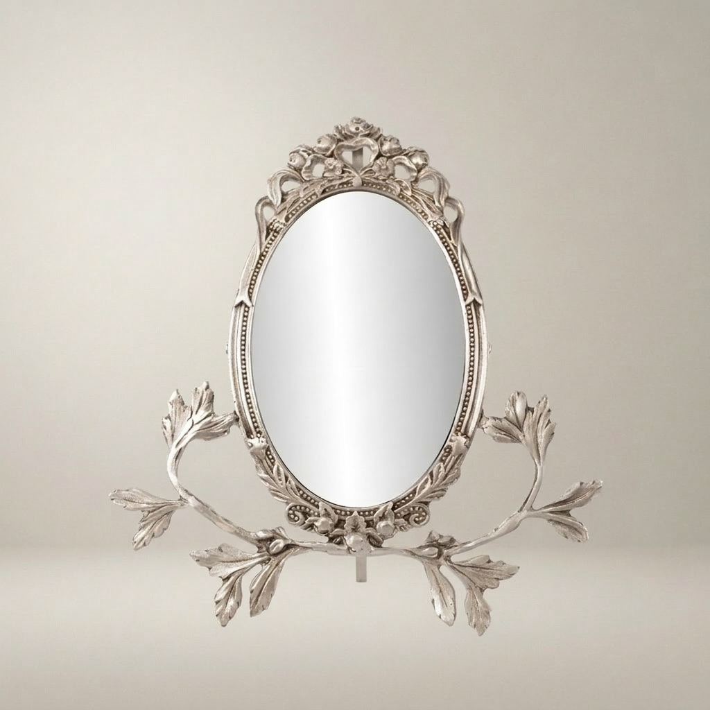 Rococo Brass Oval Vanity Mirror on Acanthus Branch Stand — Silver