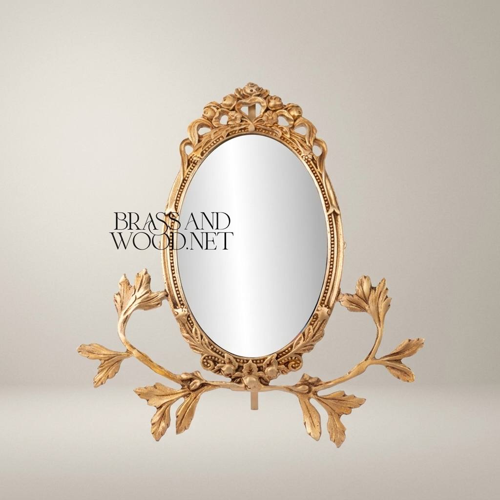 Rococo Brass Oval Vanity Mirror on Acanthus Branch Stand — Antique Gold