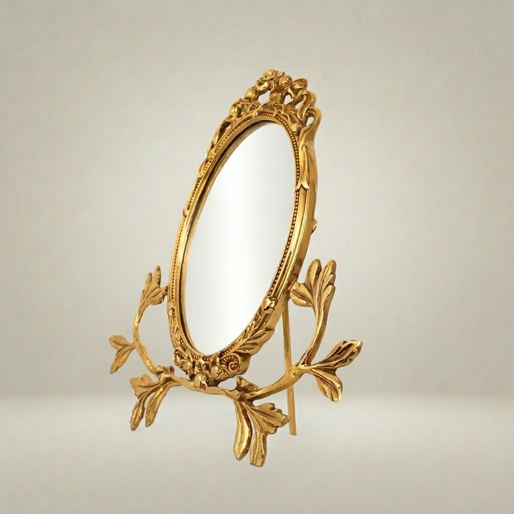 Rococo Brass Oval Vanity Mirror on Acanthus Branch Stand