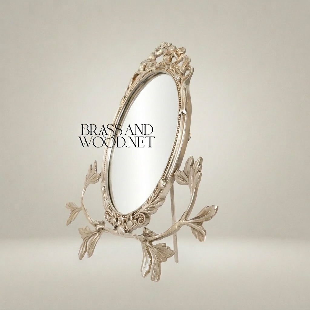 Rococo Brass Oval Vanity Mirror on Acanthus Branch Stand — Silver