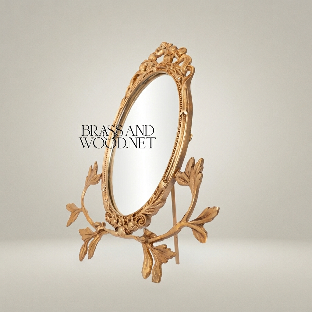 Rococo Brass Oval Vanity Mirror on Acanthus Branch Stand — Antique Gold