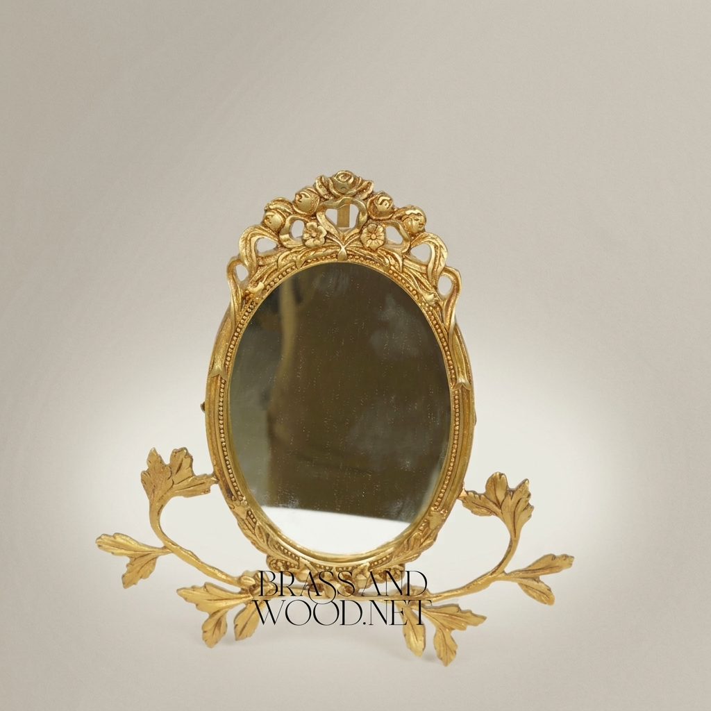 Rococo Brass Oval Vanity Mirror with Acanthus Leaf Stand & Cherub Crown — Antique Gold