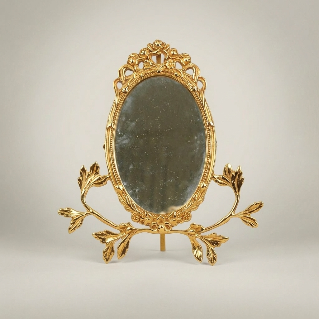 Rococo Brass Oval Vanity Mirror with Acanthus Leaf Stand & Cherub Crown — Gold