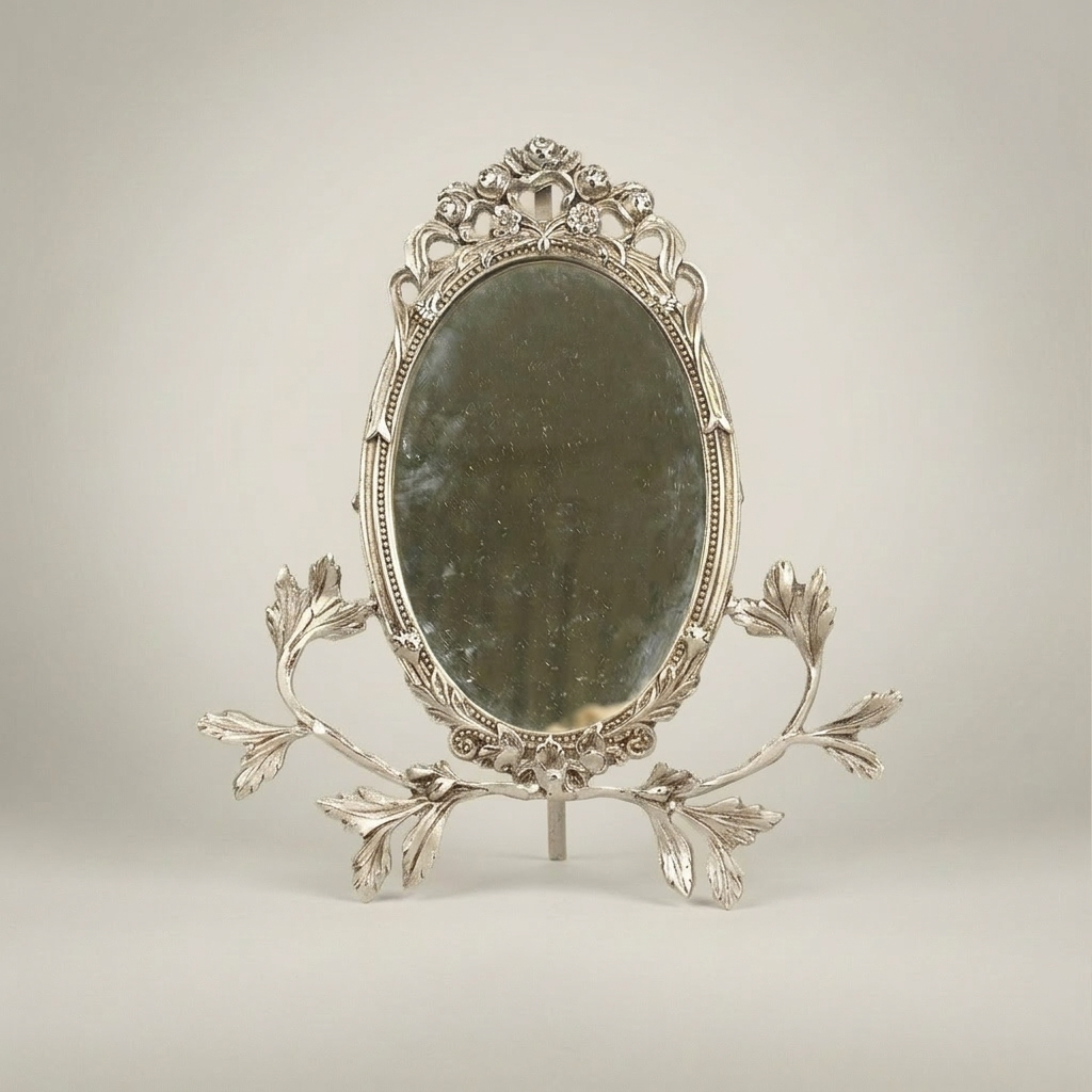 Rococo Brass Oval Vanity Mirror with Acanthus Leaf Stand & Cherub Crown — Silver