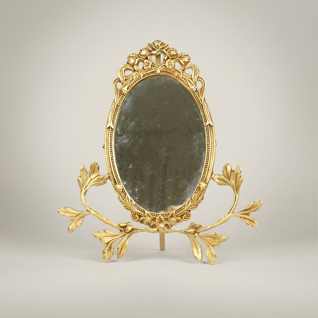 Rococo Brass Oval Vanity Mirror with Acanthus Leaf Stand & Cherub Crown — Antique Gold