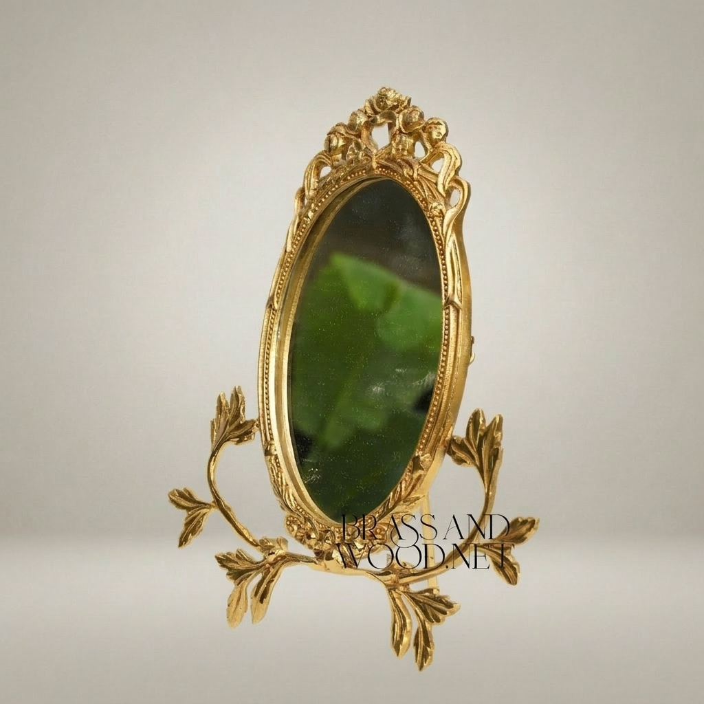 Rococo Brass Oval Vanity Mirror with Acanthus Leaf Stand & Cherub Crown — Gold