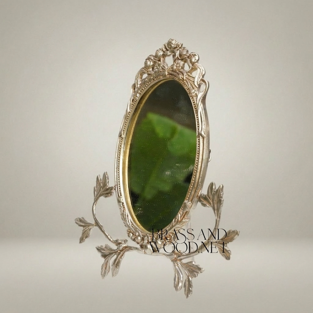 Rococo Brass Oval Vanity Mirror with Acanthus Leaf Stand & Cherub Crown — Silver