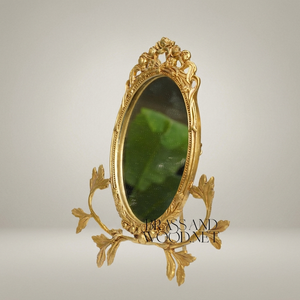 Rococo Brass Oval Vanity Mirror with Acanthus Leaf Stand & Cherub Crown — Antique Gold