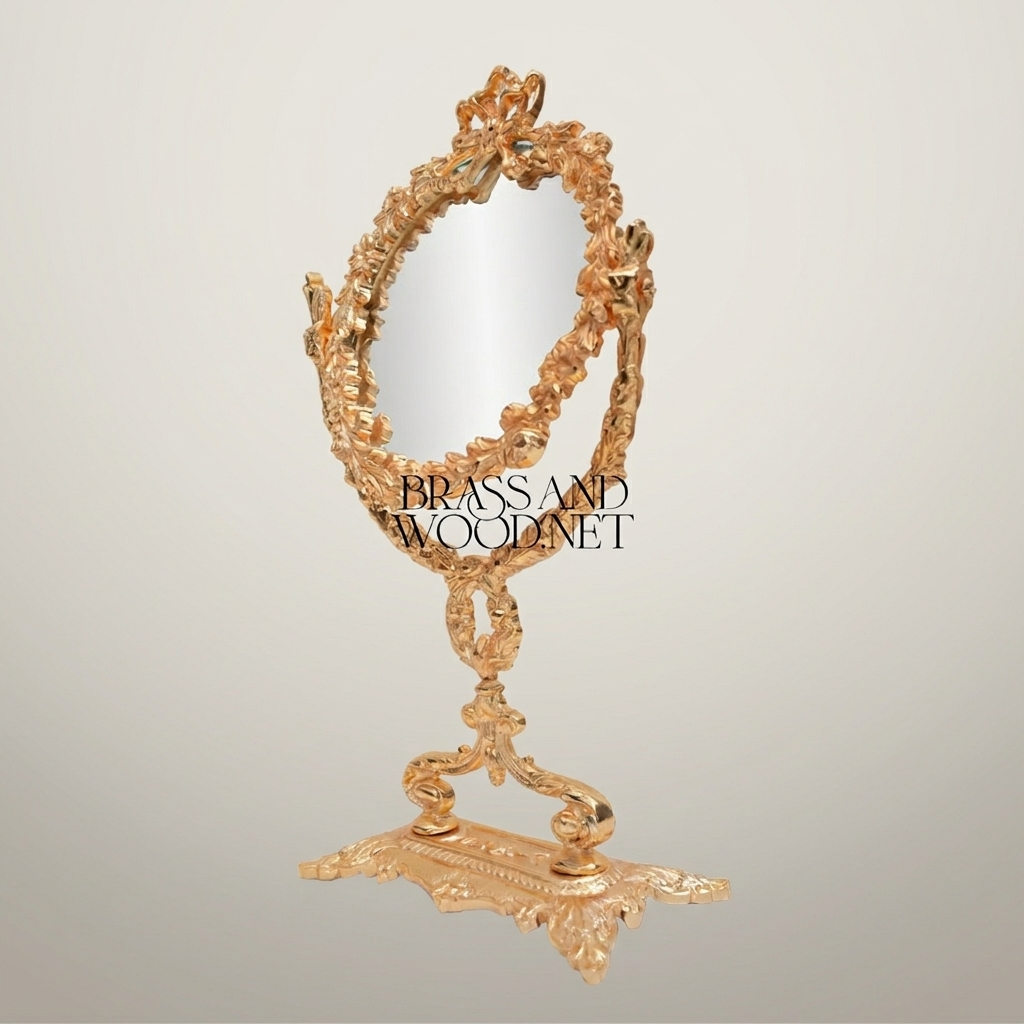 Rococo Brass Oval Vanity Mirror on Pedestal Stand - Floral Acanthus Frame — Gold