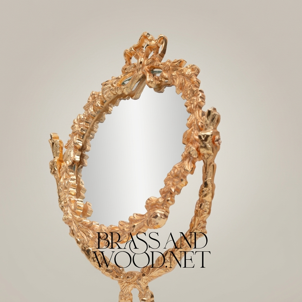 Rococo Brass Oval Vanity Mirror on Pedestal Stand - Floral Acanthus Frame — Gold