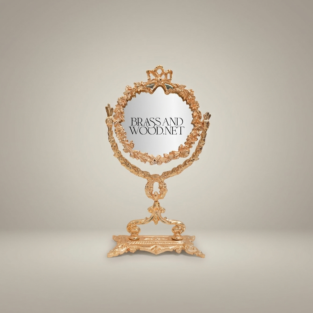 Rococo Brass Oval Vanity Mirror on Pedestal Stand - Floral Acanthus Frame — Gold